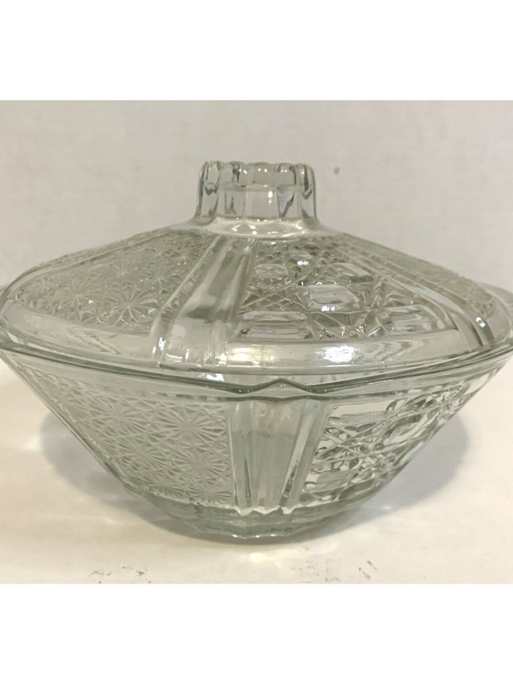 Vtg Fng Indonesia Glass Candy Bowl With Lid 7" Daisy Button Pattern